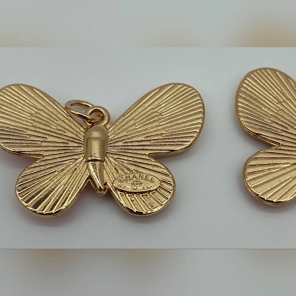 CHANEL Pink Enamel Butterfly Charms Set of 2 Karl Lagerfeld Era Signed Gold Tone